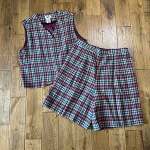 Vtg 80's Lucia WOOL Blend Plaid Trouser Shorts and Vest Set Made in USA Women 16